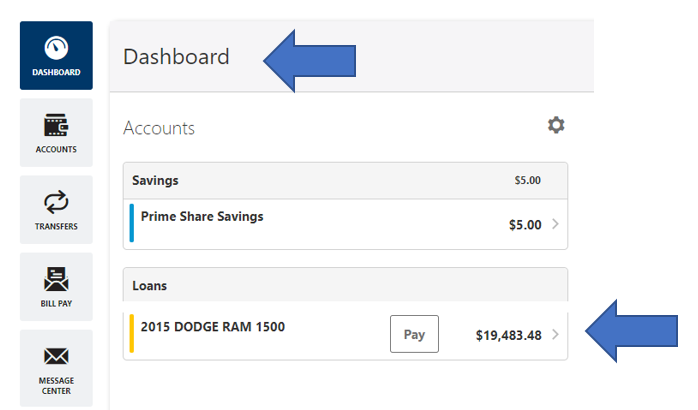 Screenshot of online banking account dashboard